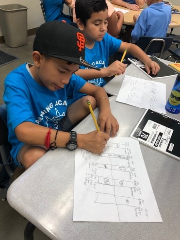 Two Learning Academy students writing at their desks, one wearing a San Francisco cap