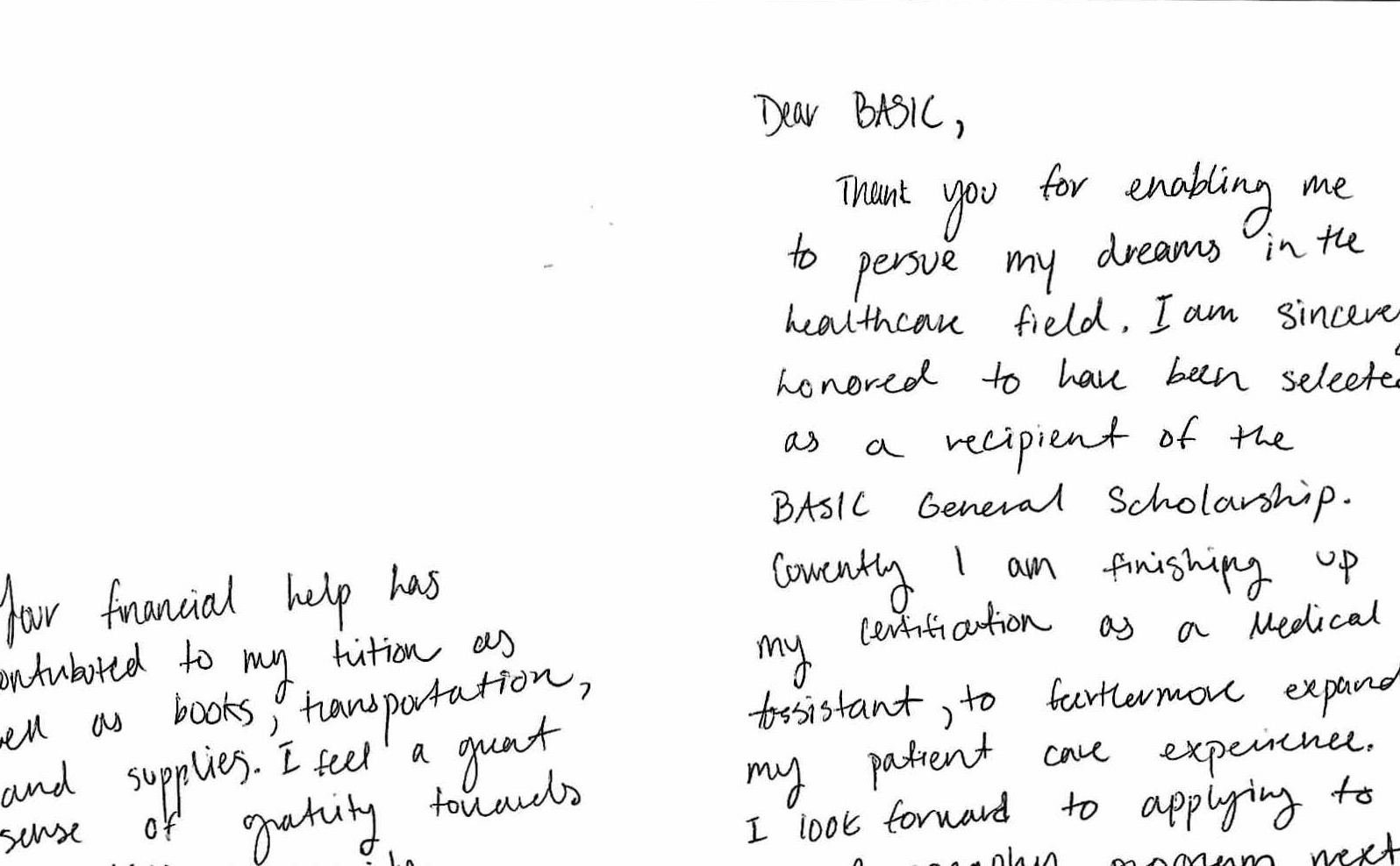 Daniela Carmona's handwritten thank-you letter to BASIC, which reads: Dear BASIC, thank you for enabling me to pursue my dreams in the healthcare field. I am sincerely honored to have been selected as a recipient of the BASIC General Scholarship.
