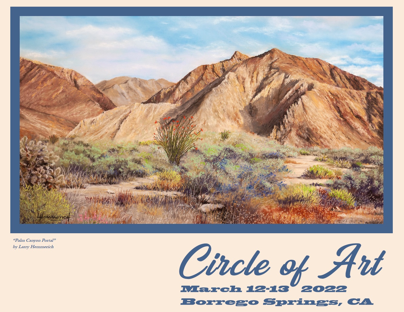 The 2022 Circle of Art poster: a painting of desert mountains and blooming ocotillo, dated March 12 to 13, 2022, Borrego Springs
