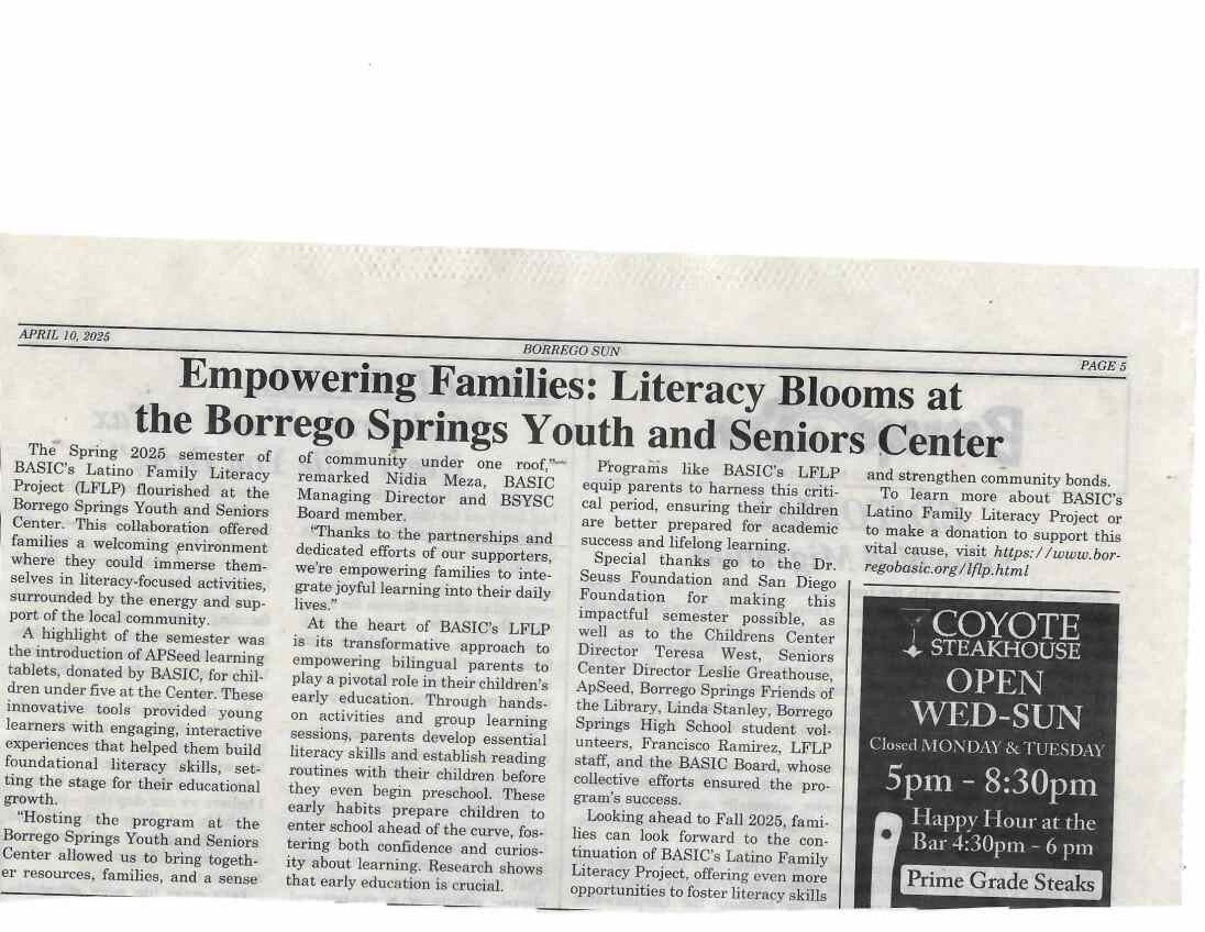 A clipping of the Borrego Sun from April 10, 2025, headlined Empowering Families: Literacy Blooms at the Borrego Springs Youth and Seniors Center