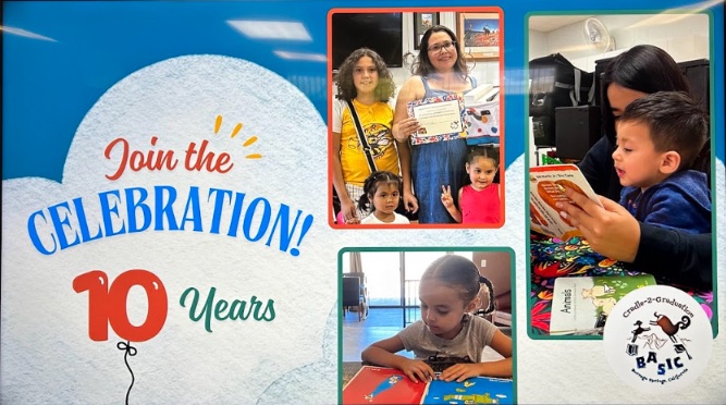 Join the Celebration, 10 Years — a card with three photographs: a mother and three daughters holding a certificate, a boy reading aloud from an Imagination Library book, and a young girl turning the pages of a picture book